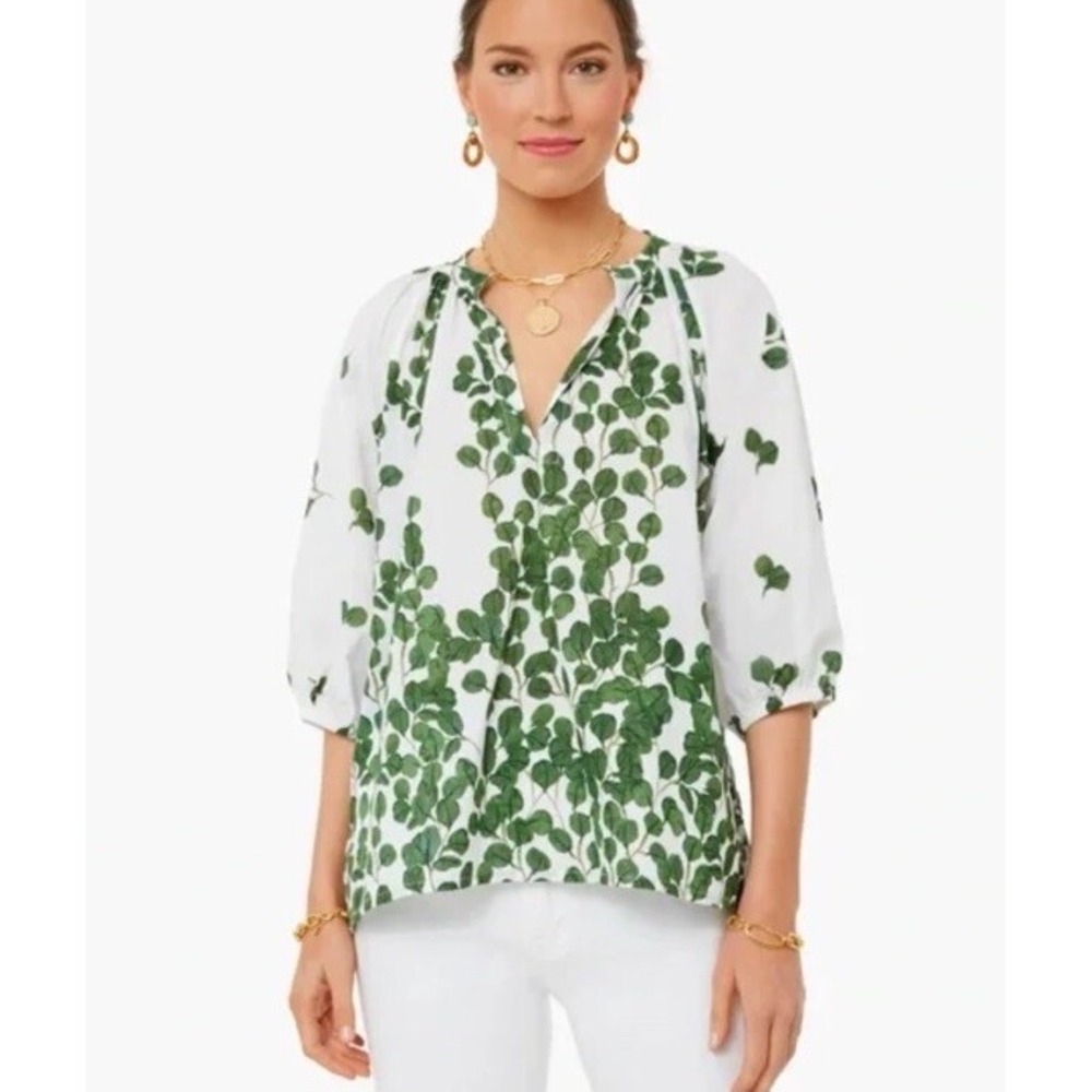 Tuckernuck Ro's Garden White Green Floral Cotton Blouse Shirt XS NEW
